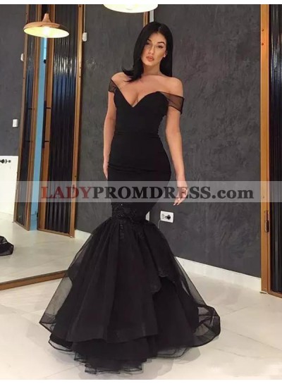 Sheer Black Organza Off The Shoulder Mermaid Sexy Tiered Ruffles Deep V Neck Prom Dresses 2023