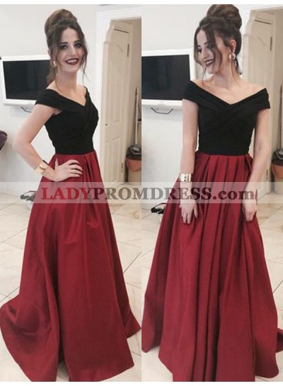 Off The Shoulder Satin Burgundy Criss Cross A Line Pleated Simple Prom Dresses 2023