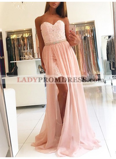 Strapless Sweetheart Side Split Appliques Chiffon Long Flowers Pink Prom Dresses 2023