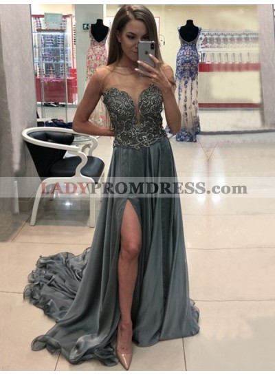 A Line Chiffon Side Split Sheer Sexy Sleeveless Light-Slate-Grey Long Prom Dresses 2023