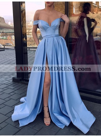 Side Split Pleated Satin Blue Off The Shoulder V Neck Sexy Elegant Prom Dresses 2023