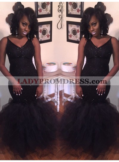 Tulle Spaghetti Straps Sequins V Neck Mermaid Ruffles Long Black Prom Dresses 2023