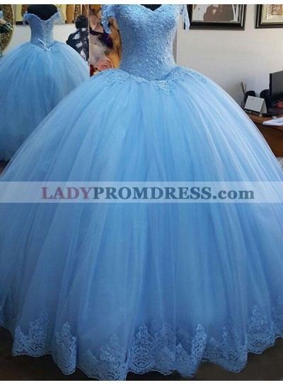 Short Sleeve Off The Shoulder V Neck Blue Ball Gown Pleated Lace Appliques Prom Dresses 2023