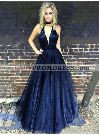 Deep V Neck A Line Pleated Tulle Dark Navy Sexy Simple Prom Dresses 2023
