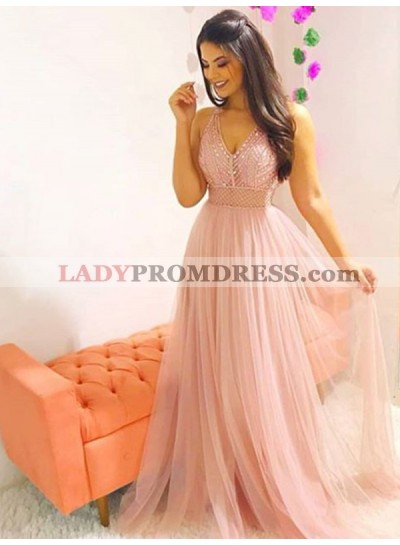 Tulle V Neck Sleeveless Beaded Sheer Pleated A Line Cute Charming Prom Dresses 2023
