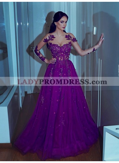 Long Sleeve Exquisite Scoop Appliques Sheer Purple Lace A Line Prom Dresses 2023