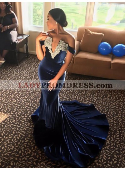 Off The Shoulder Deep V Neck Mermaid Sexy Satin Dark Navy Prom Dresses 2023