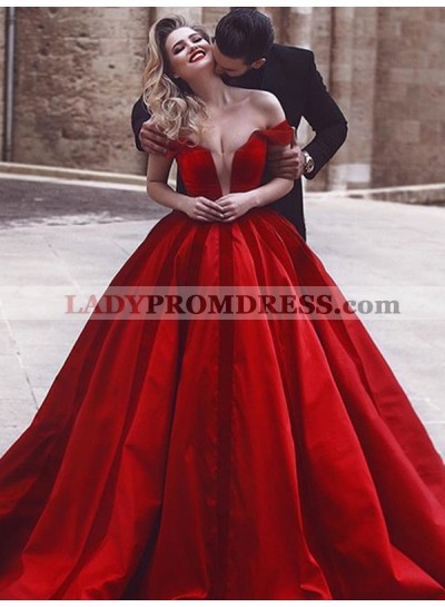 Sheer Deep V Neck Off Shoulder Red Satin Ball Gown Pleated Sexy Long Prom Dresses 2023