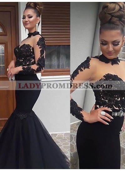 Appliques High Neck Sheer Mermaid Tulle Black Long Sleeve Long Prom Dresses 2023