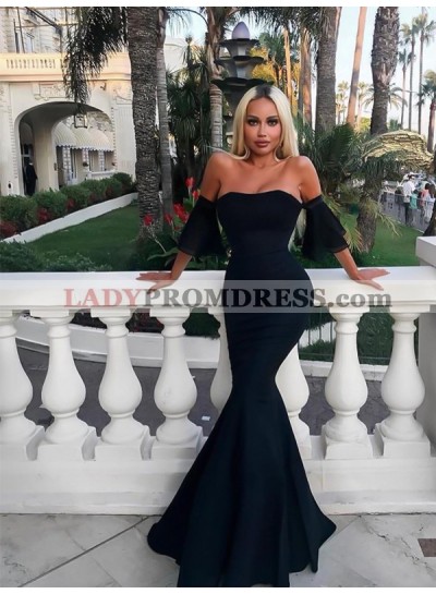 Mermaid Black Off The Shoulder 3/4 Sleeve Satin Sexy Prom Dresses 2023