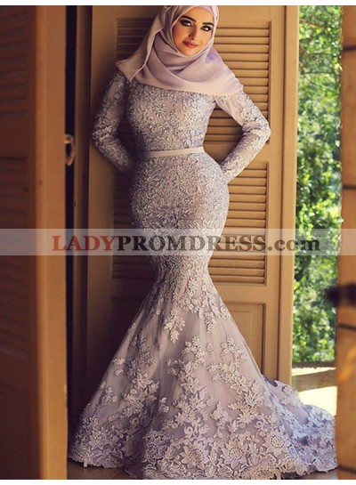 Long Sleeve Mermaid Lace Exquisite Appliques Flowers Sash Prom Dresses 2023