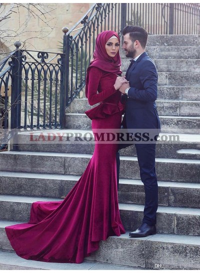 Long Sleeve Burgundy Mermaid Satin Pleated Elegant Long Prom Dresses 2023