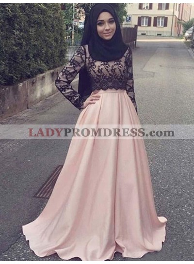 Pink Long Sleeve Lace Satin Pleated Floor Length Floral Prom Dresses 2023