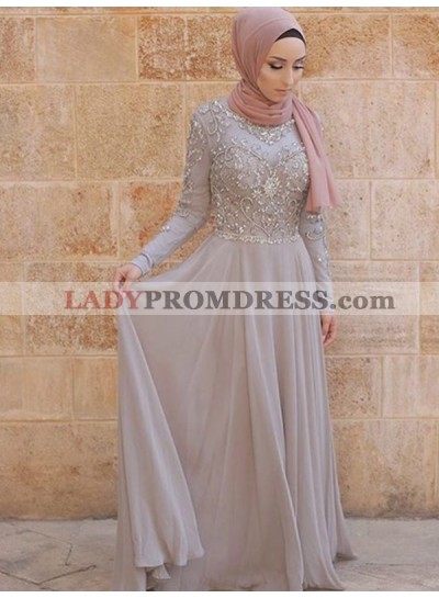 Long Sleeve A Line Appliques Beaded Chiffon Light Grey Pleated Flowers Prom Dresses 2023