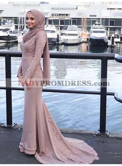 Dusty Rose Long Sleeve Appliques Flowers Lace Satin Sheath Prom Dresses 2023