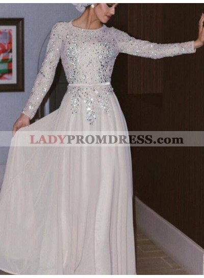 Long Sleeve A Line Jewel Sequins Pleated Chiffon White Sparkle Prom Dresses 2023