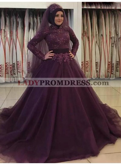 Grape Ball Gown Long Sleeve Lace Appliques Pleated Tulle Prom Dresses 2023