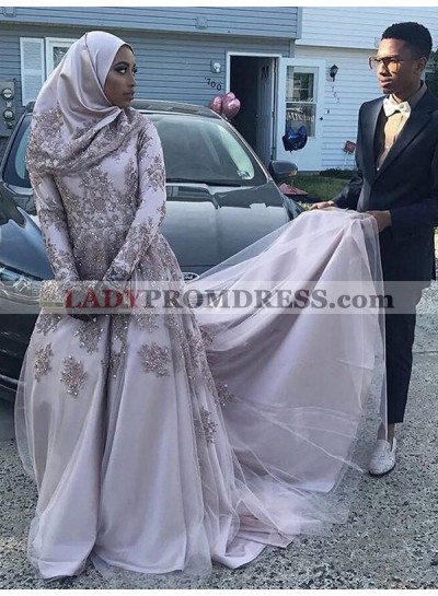 Dusty Rose Floor Length Long Sleeve Appliques Flowers Prom Dresses 2023