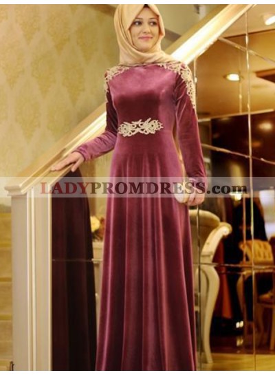 Burgundy Long Sleeve Appliques Pleated Elegant Satin A Line Prom Dresses 2023