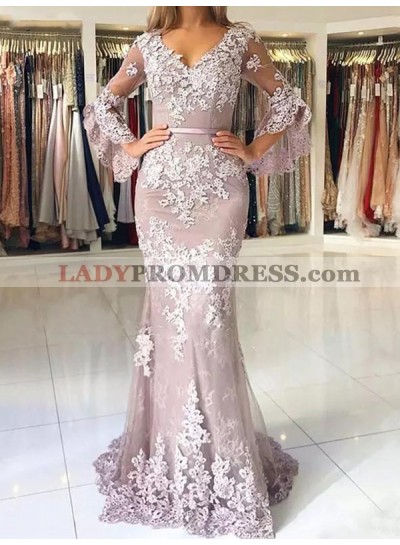 V Neck Grey Lace Appliques Long Sleeve Mermaid Flowers Exquisite Prom Dresses 2023