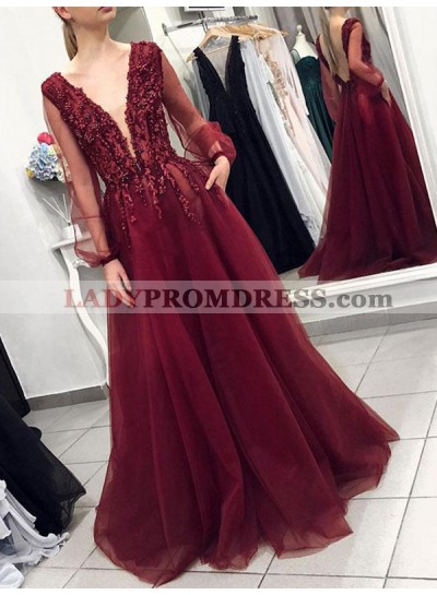 Long Sleeve Deep V Neck Tulle Appliques Pleated Flowers Sheer Prom Dresses 2023