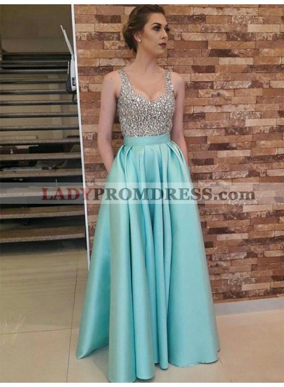 Rhinestone V Neck Sleeveless A Line Blue Satin Pleated Long Prom Dresses 2023