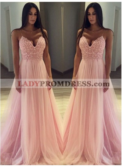 Spaghetti Straps Pink V Neck Sexy Tulle Lace Pleated Prom Dresses 2023