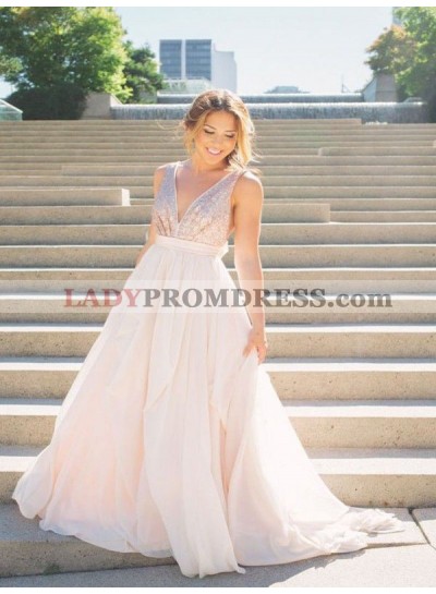 V Neck Sleeveless Sequins Ivory A Line Chiffon Pleated Prom Dresses 2023