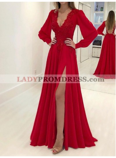 Long Sleeve Red Deep V Neck Satin Pleated Appliques Side Split Prom Dresses 2023