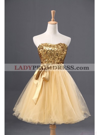 Strapless Sweetheart Backless Light Yellow Sequins Bow Knot A Line Homecoming Dresses