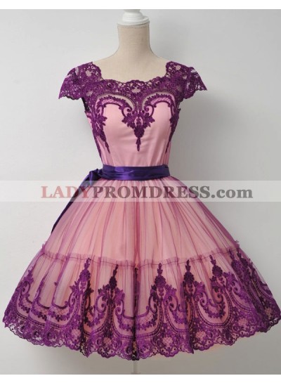 Square Neck Fuchsia Cap Sleeve A Line Appliques Lace Ribbon Trim Homecoming Dresses