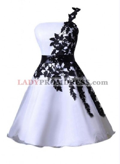 A Line One Shoulder Lace Up White Satin Appliques Flowers Homecoming Dresses