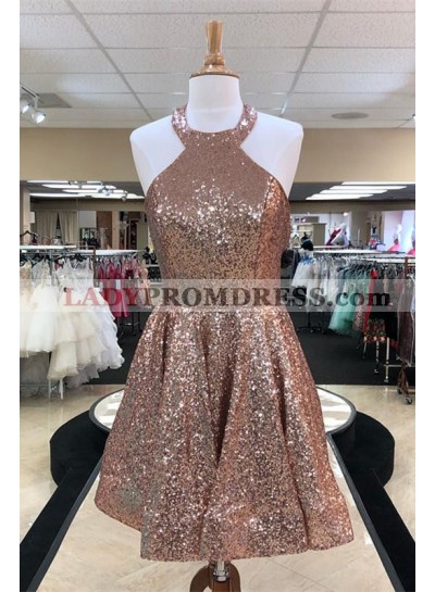 Halter Sequins Sleeveless Backless A Line Pleated Short Sparkle Charming Homecoming Dresses