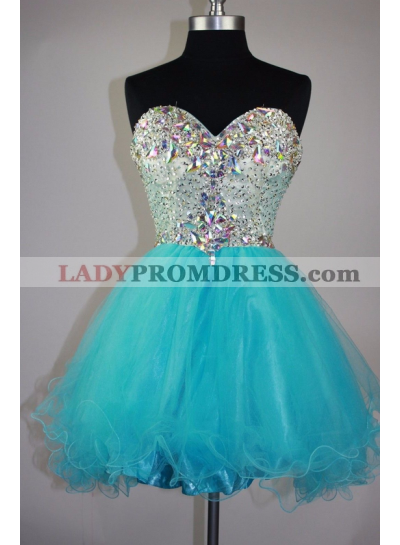 Rhinestone Strapless Sweetheart Backless A Line Tulle Pleated Homecoming Dresses