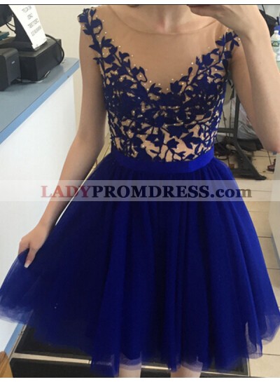 Scoop Cap Sleeve A Line Tulle Royal Blue Appliques Pleated Homecoming Dresses