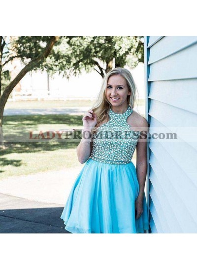A Line Halter Sleeveless Two Pieces Rhinestone Chiffon Pleated Blue Homecoming Dresses
