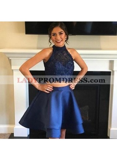 Halter Lace Sleeveless Two Pieces Satin Tiered Pleated Elegant Homecoming Dresses