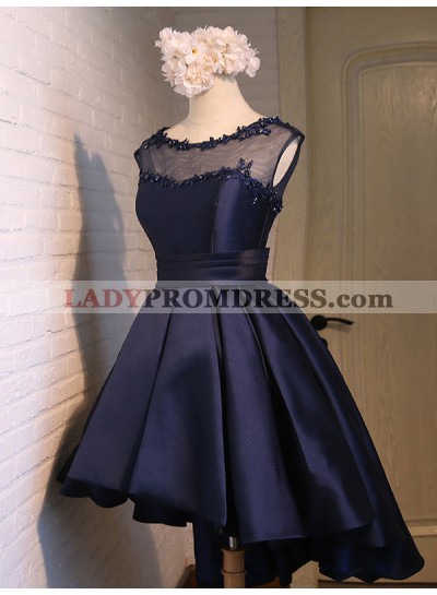 Scoop Ball Gown Backless Cap Sleeve Sheer High Low Dark Navy Satin Appliques Homecoming Dresses
