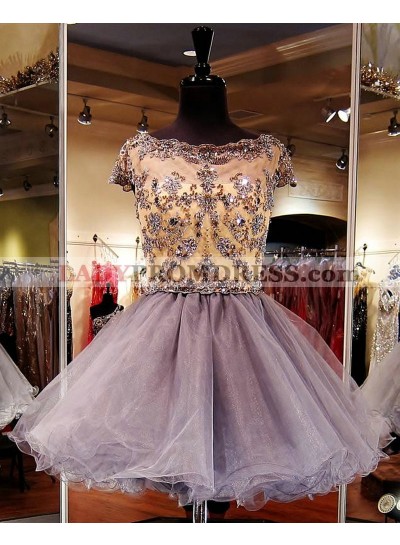 A Line Tulle Gold Appliques Beading Rhinestone Short Sleeve Bateau Homecoming Dresses