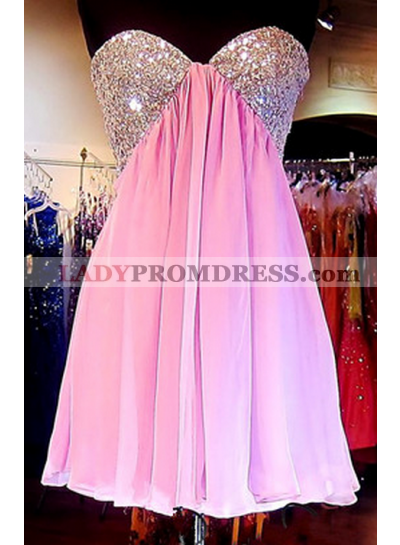 Pink Strapless Sweetheart Pleated Chiffon Sexy Beaded Cut Out A Line Homecoming Dresses