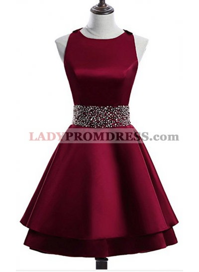 Scoop A Line Tiered Sleeveless Rhinestone Satin Burgundy Pleated Homecoming Dresses
