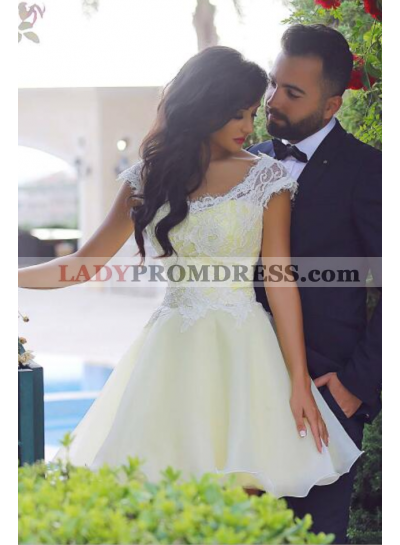 Scoop Cap sleeve A Line Lace Tulle Short Pleated Exquisite Elegant Homecoming Dresses