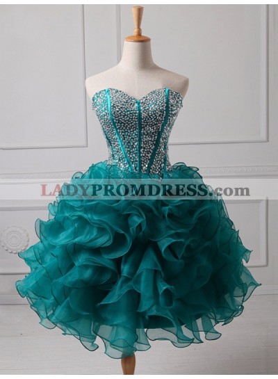 Ruffles Ball Gown Strapless Sweetheart Backless Rhinestone Organza Teal Homecoming Dresses