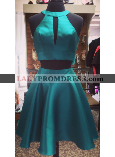 Halter Sleeveless Two Pieces Cut Out Bow Knot A Line Satin Teal Pleated Homecoming Dresses