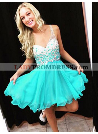 Sleeveless Deep V Neck Backless Rhinestone Teal Chiffon Pleated Cut Out Homecoming Dresses