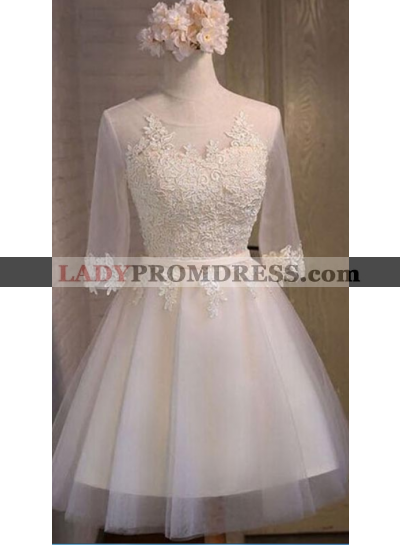 Half Sleeve Sheer Scoop Appliques Tulle Ivory A Line Cut out Pleated Lace Up Homecoming Dresses