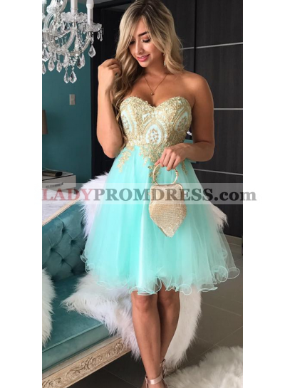 Strapless Sweetheart Appliques Backless A Line Mint Green Organza Homecoming Dresses