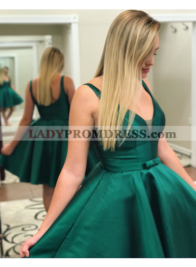 Deep V Neck Ball Gown Backless Straps Sleeveless Pleated Satin Hunter Homecoming Dresses