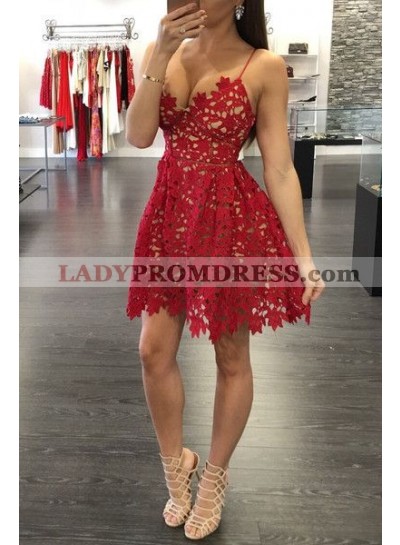 Deep V Neck Spaghetti Straps A Line Lace Hollow Flowers Short Pleated Homecoming Dresses