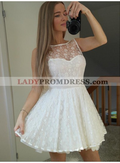 Lace A line Bateau Backless Sheer Sleeveless White Pleated Mini Homecoming Dresses